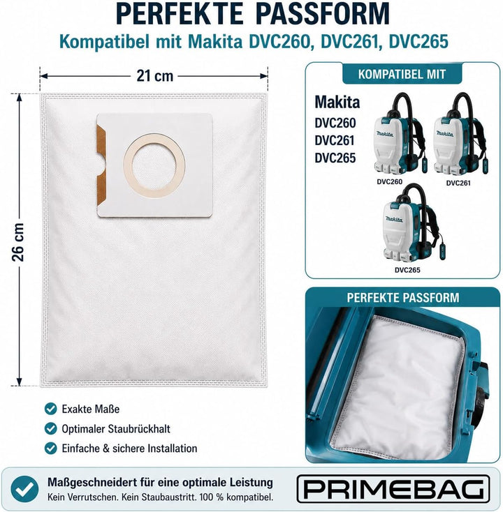 PREMIUM SET - 10 Staubbeutel 1 Filter kompatibel zu Makita DVC260 261 265 Z XU X15 197903-8 - 1A QUA