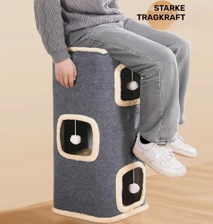 Katzenturm Kratztonne 3 Ebenen Kratzbaum 86cm hoch mit Spielbällen Kuschelhöhle Grau Gross Katzenhau