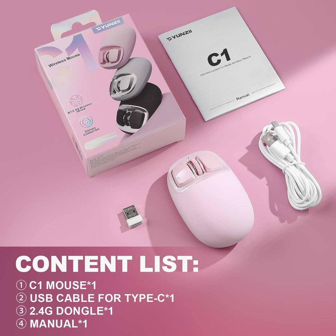 YUNZII C1 Silikon-Funkmaus,Tri-Mode 2,4 GHz/USB-C/Bluetooth Maus, 4800 DPI Optisches Abtastung, 6 Ve