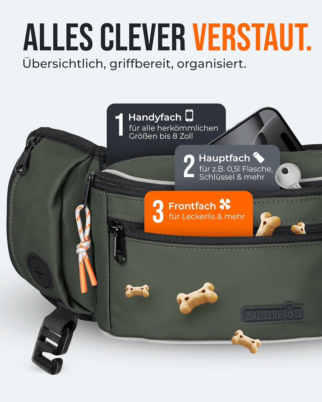 Gassi Tasche 'Atlas' - Premium Leckerlitasche für Hunde - Inkl. YKK® Zipper & Leinenhalterung - Bauc