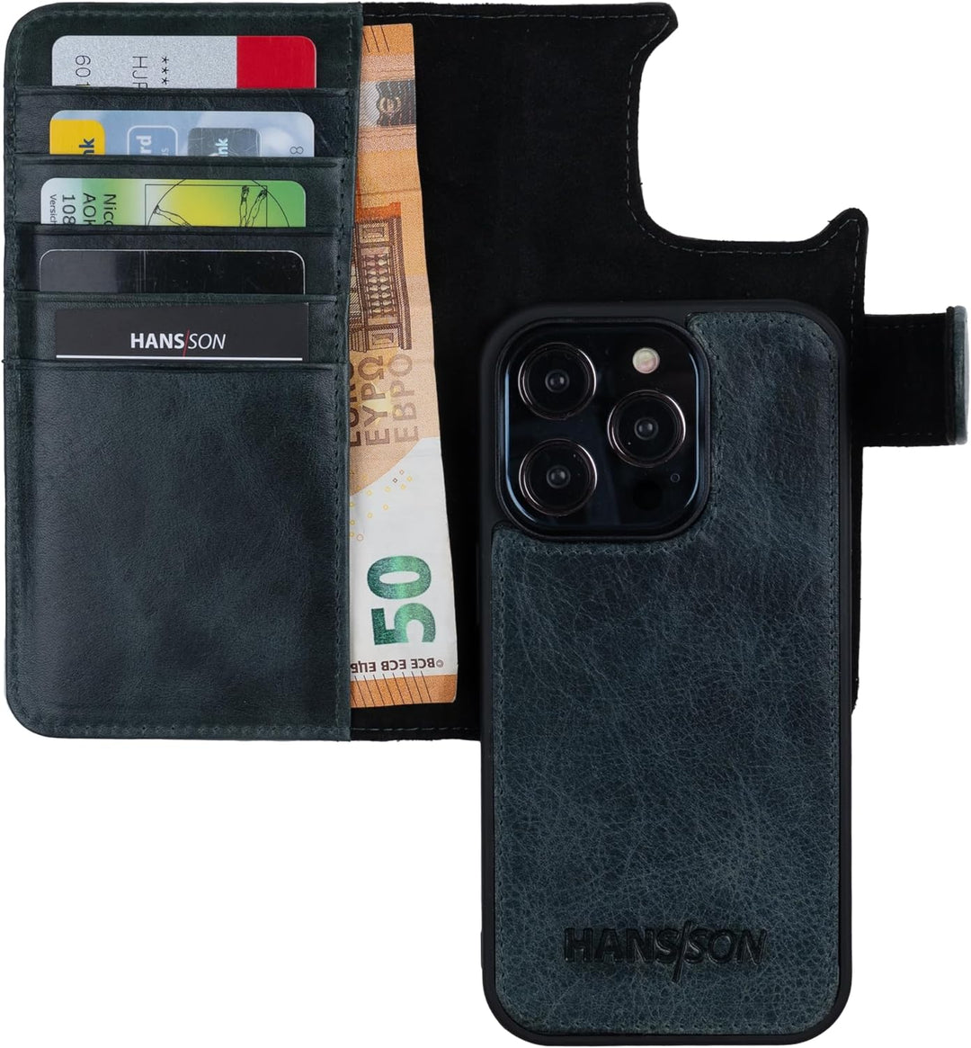 HANS/SON Klappbare Echtlederhülle in Petrol | iPhone 14 Pro Max Ledercase mit Kartenfächern | Lederh