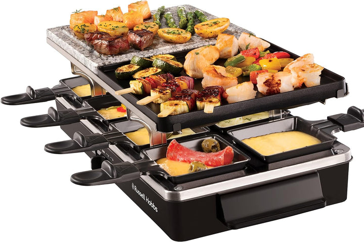 Russell Hobbs Raclette Grill 8 Personen (inkl. 8 Pfännchen & Holzspachtel,2 Tischgrill-Platten: Natu