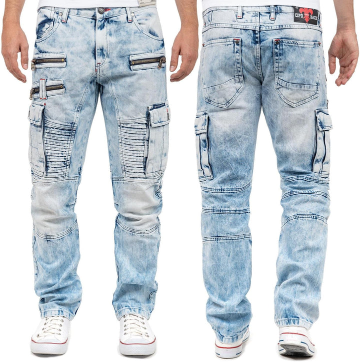 Cipo & Baxx Herren Jeans im Bikerstyle – Regular Fit oder Slim Fit | Stone Washed Denim mit Ziernäht
