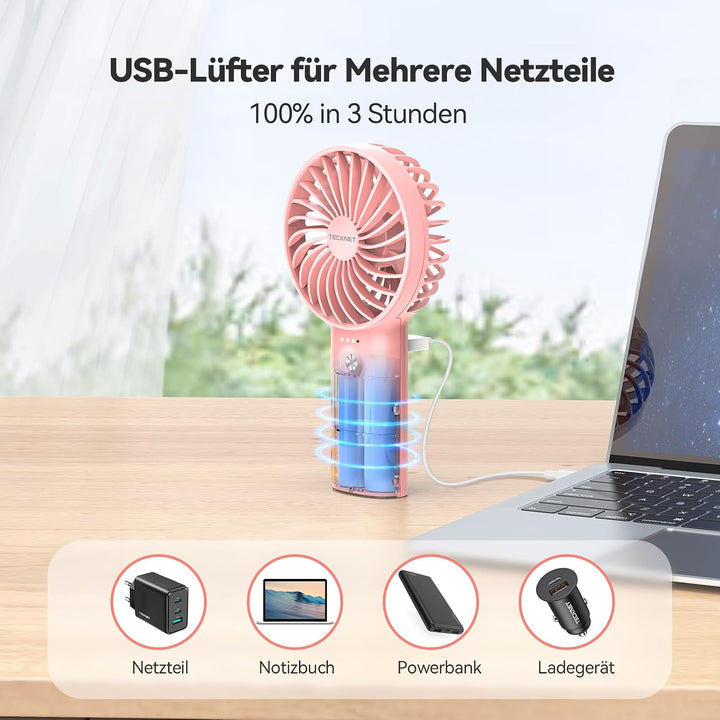 TECKNET Mini USB Ventilator, Tragbarer Handventilator mit Powerbank, 5200mAh Aufladbarem Batterie Lü