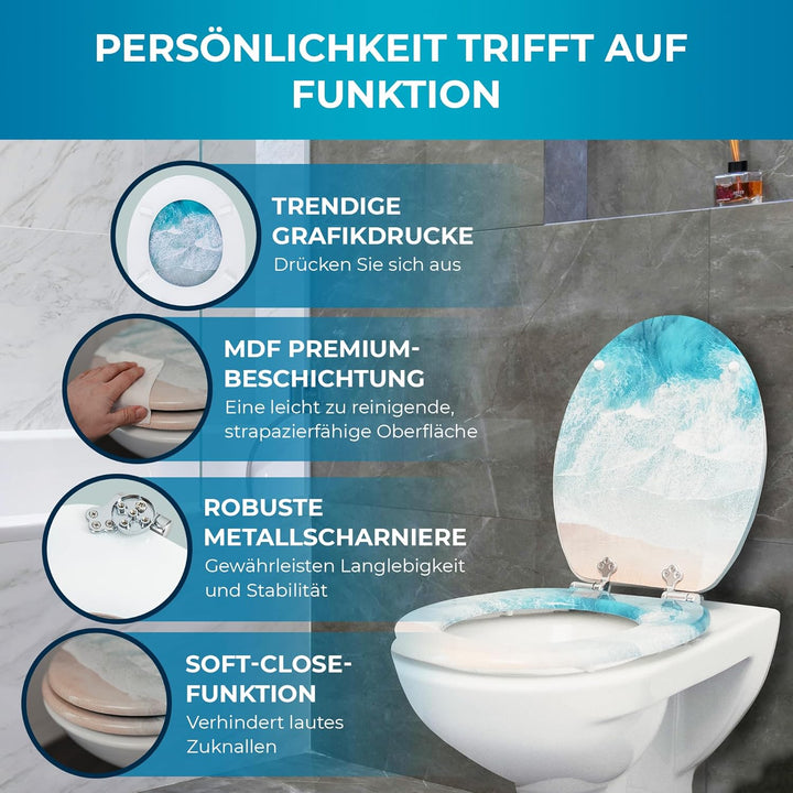 Benkstein® Toilettendeckel mit Absenkautomatik Turquoise Tide – antibakterieller WC Sitz – Quick-Rel