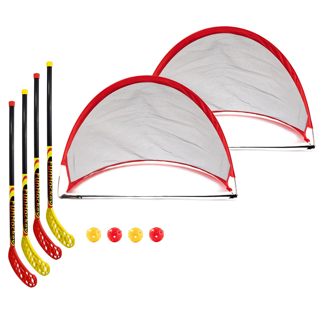 Bandito FunHockey Komplettset, für Kinder, 4 Hockey Schläger, 4 Bälle und 2 Faltbare Pop Up Tore, Fl