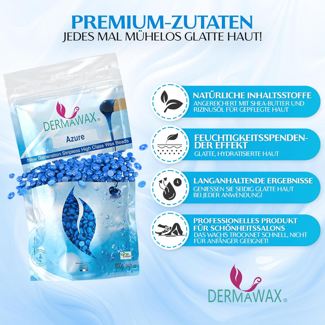 Dermawax 800 Gramm Azure Vegan Waxing Perlen zur Haarentfernung Intimbereich Bikinizone Achseln Rück