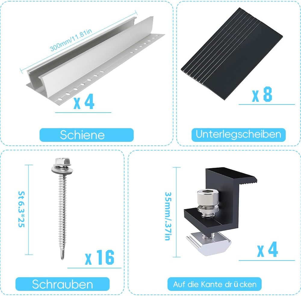 Solarmodul Halterung Kit,Flachdach PV Halterungen Kit, Alu Photovoltaik Montageschiene 300MM, für 35
