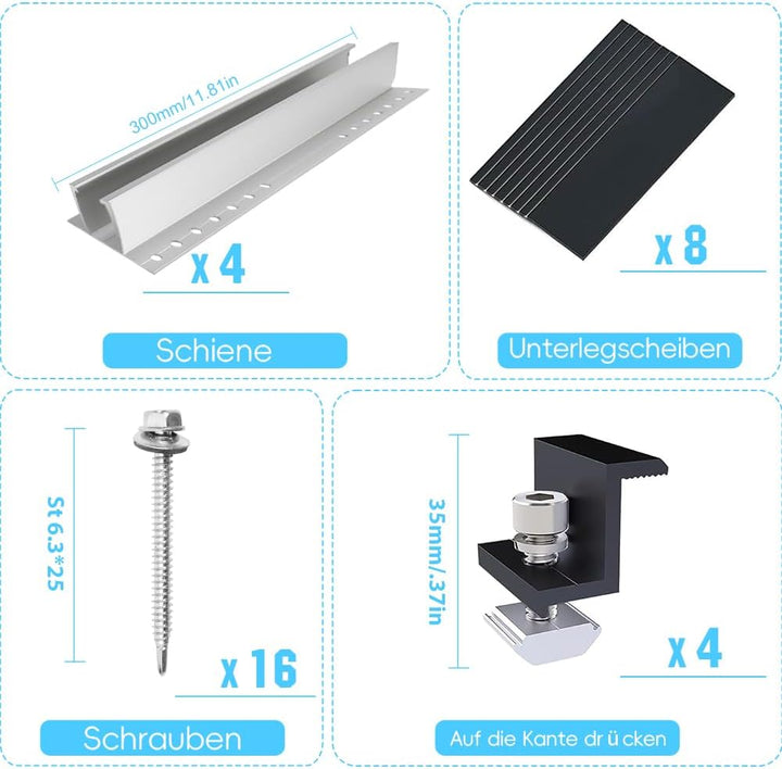 Solarmodul Halterung Kit,Flachdach PV Halterungen Kit, Alu Photovoltaik Montageschiene 300MM, für 35