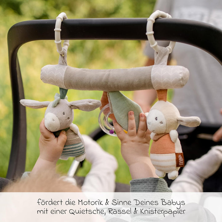 Fehn Activity-Trapez zum Aufhängen mit Schaf & Esel Tier-Anhängern - Stoff-Lernspielzeug für Babys m