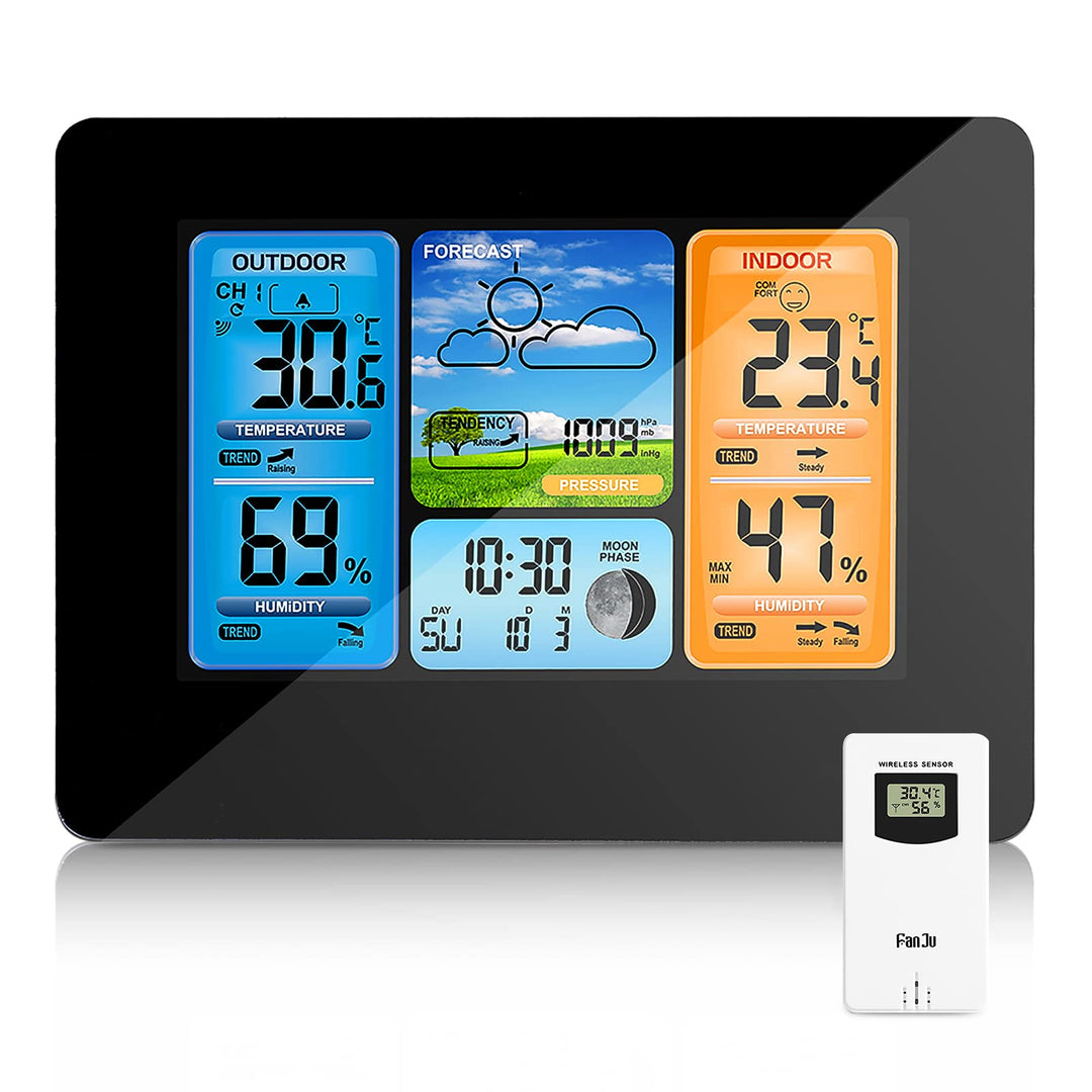 ONEVER Wetterstation, kabellos, digital, Farbvorhersage, mit Alarm und Temperatur/Feuchtigkeit/Barom