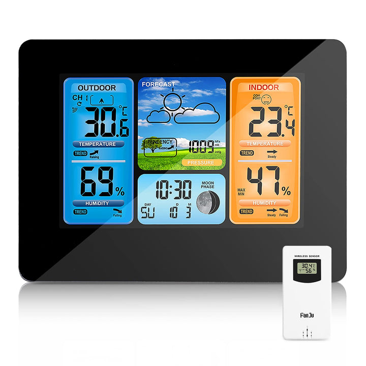 ONEVER Wetterstation, kabellos, digital, Farbvorhersage, mit Alarm und Temperatur/Feuchtigkeit/Barom