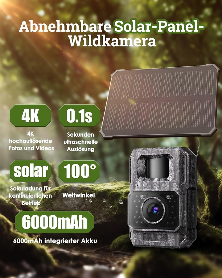 MAXDONE Wildkamera Solar WLAN mit Handyübertragung App - 4K 64MP Wildtierkamera Bluetooth mit Bewegu