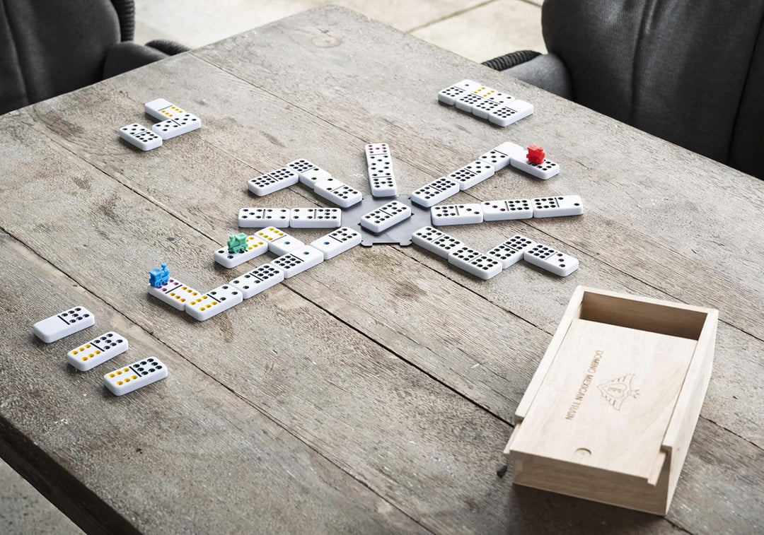 Engelhart - Domino Mexican Train/Zug -Premium- Qualität - Dobbel 12-2-8 Spieler - 91 farbige Dominos