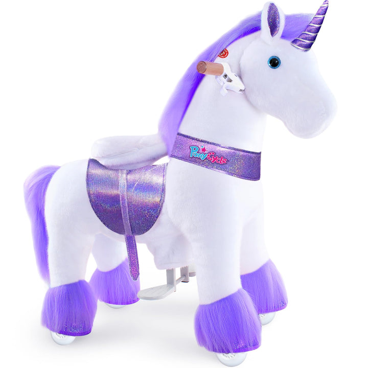 PonyCycle Einhorn zum Reiten für Kinder 3–4 Jahre, 76cm Hoch, Plüsch Einhorn auf Rollen mit Handbrem