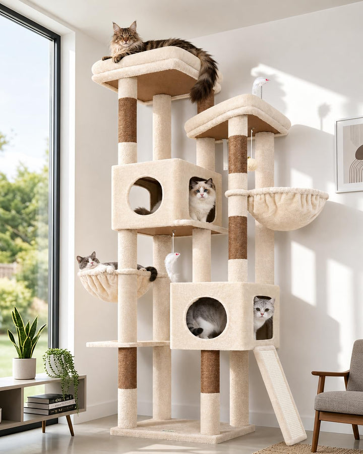 Globlazer Kratzbaum Stabil hoch 182 cm mit 2 Grosse Gepolsterte Plattformen, 2 Katzenhaus, 2 Korb, S