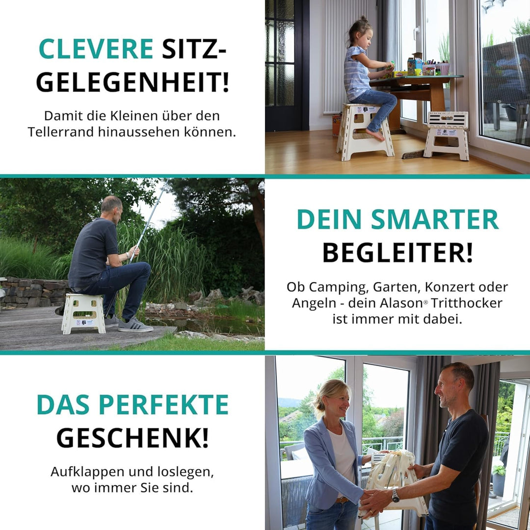 VERGLEICHSSIEGER - Alason Tritthocker Klappbar 22 cm, Belastbar bis 150 kg – Mit Aufhängehaken & Auf