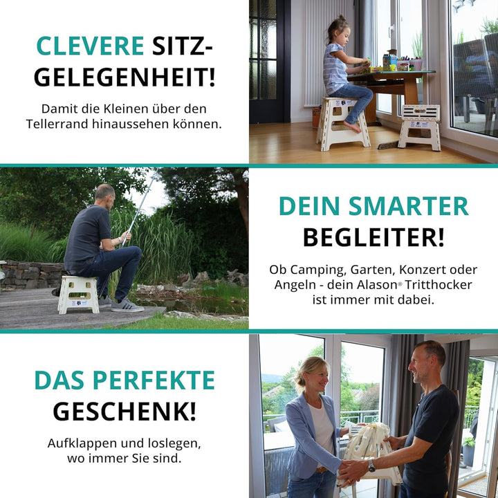 VERGLEICHSSIEGER - Alason Tritthocker Klappbar 22 cm, Belastbar bis 150 kg – Mit Aufhängehaken & Auf