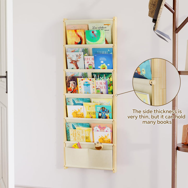 Bücherregal Kinder Wand Holz, mit 6 Lagige Taschen Wandregal Bücher Kinder, Montessori Bücherregal f