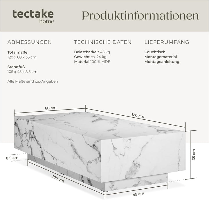 tectake® Couch Tisch, Room Decor in Marmor Optik, Tisch Wohnzimmer, moderner Couchtisch, Beistelltis