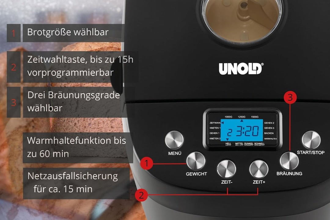UNOLD 68525 BACKMEISTER Big Black für bis zu 1.500g Brot, mit 15 Programmen für glutenfreies Brot, T