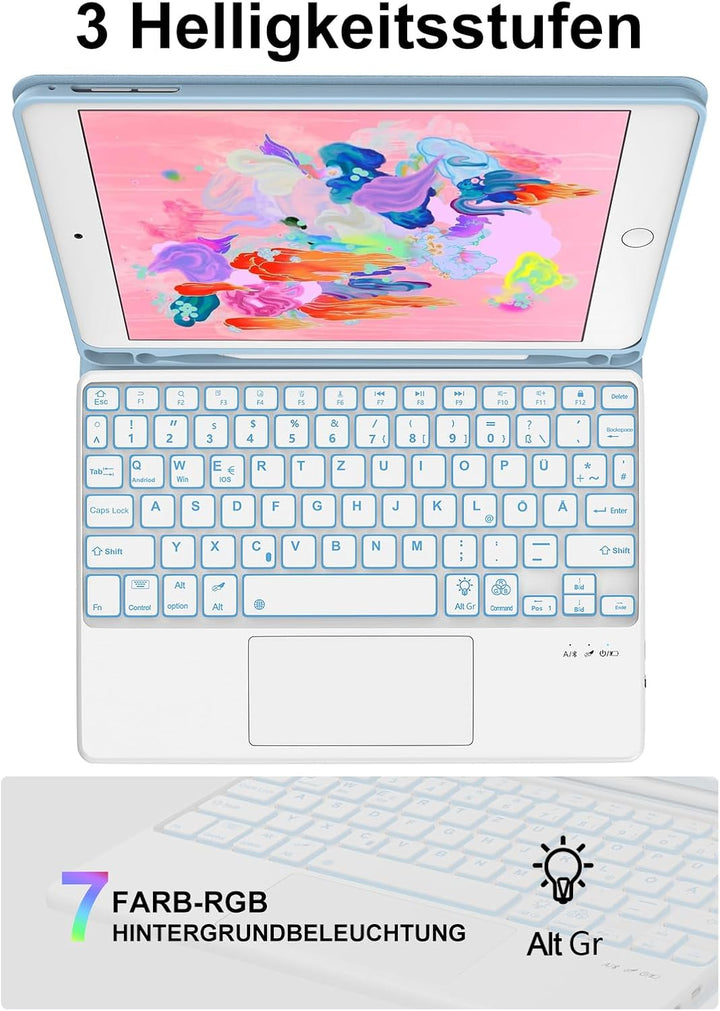JADEMALL Für iPad 9,7" Hülle mit Tastatur & Touchpad – 7-Farb LED, Deutsch QWERTZ, Bluetooth 5.0 für