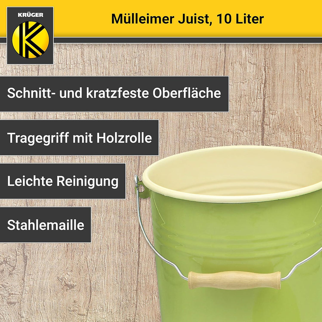 KRÜGER Mülleimer mit Deckel - Stahl Abfalleimer mit Emaille-Beschichtung und Holzgriff - schnitt- un