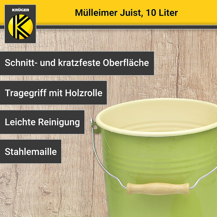 KRÜGER Mülleimer mit Deckel - Stahl Abfalleimer mit Emaille-Beschichtung und Holzgriff - schnitt- un