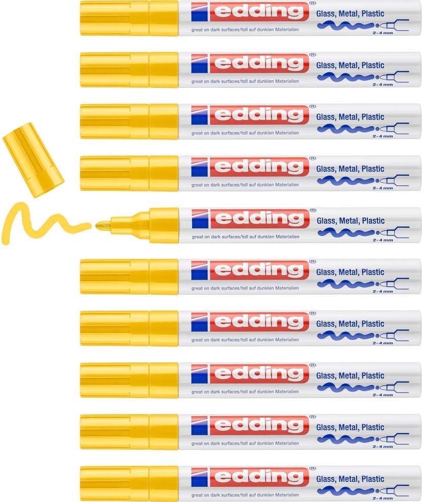 edding 750 Glanzlackmarker - gelb - 10 Lackmarker - Rundspitze 2-4 mm - Lackstift für Glas, Stein, H
