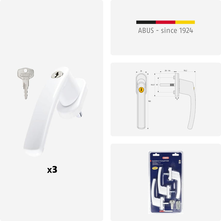 ABUS Abschliessbarer Fenstergriff FG200 - 3er Set - Fensterknauf mit Druckzylinder, gleichschliessen
