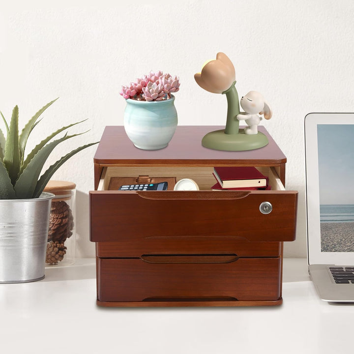 Aufbewahrungsbox mit 3 Ebenen, mit abschliessbarer Schublade, Schreibtisch-Organizer aus Holz, L 39