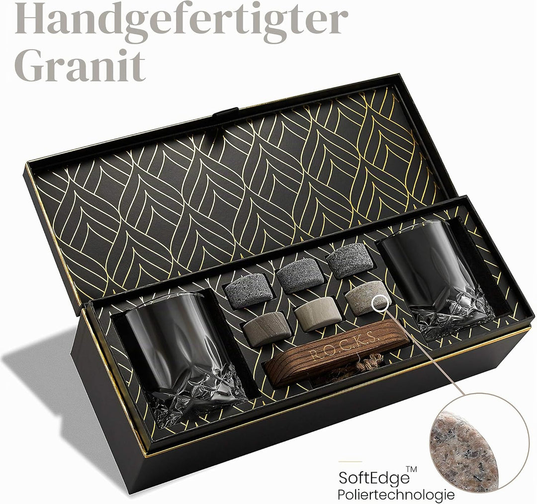 Whiskey Steine Set - 6 Handgefertigte Runde Granit Whisky Steine - 2 Kristall Whisky Gläser - Präsen