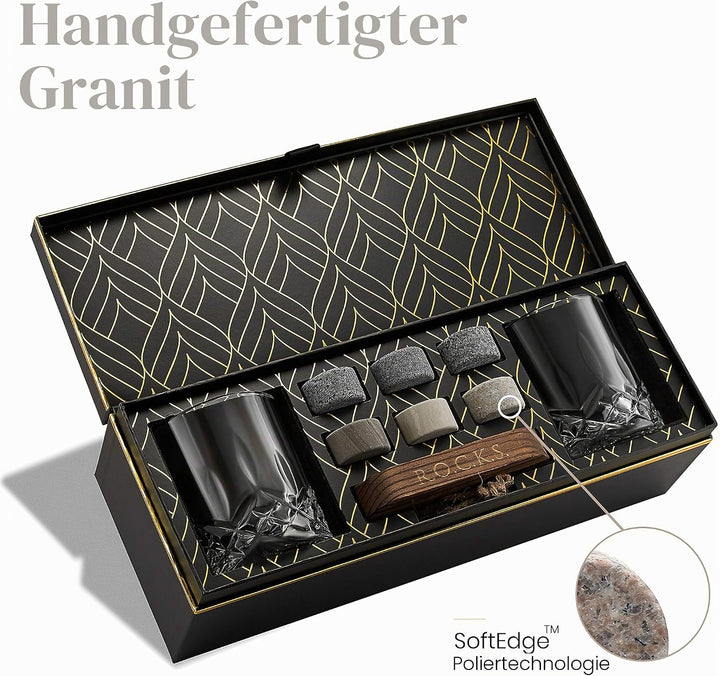 Whiskey Steine Set - 6 Handgefertigte Runde Granit Whisky Steine - 2 Kristall Whisky Gläser - Präsen