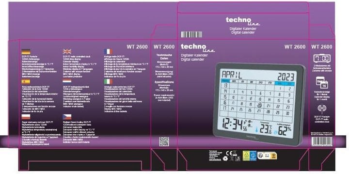 WT2600 Tischkalender, Temperaturanzeige, Luftfeuchteanzeige, Min/Max Anzeige, 17 x 14 cm, schwarz