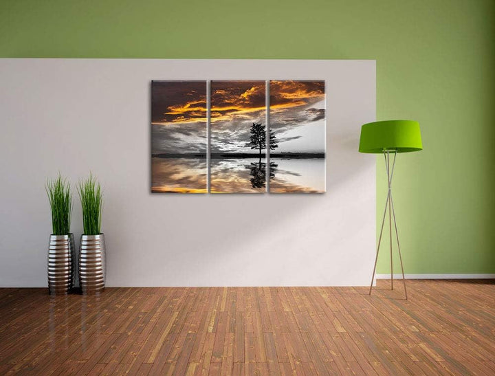 einsamer Baum auf Wiese schwarz/weiss 3-Teiler Leinwandbild 120x80 Bild auf Leinwand, XXL riesige Bi