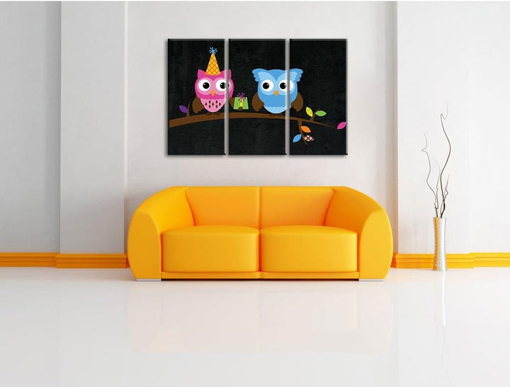 Pixxprint Party Eulen als Leinwandbild/Grösse: 3 Teilig (120x80) cm/Wandbild/Kunstdruck/fertig bespa