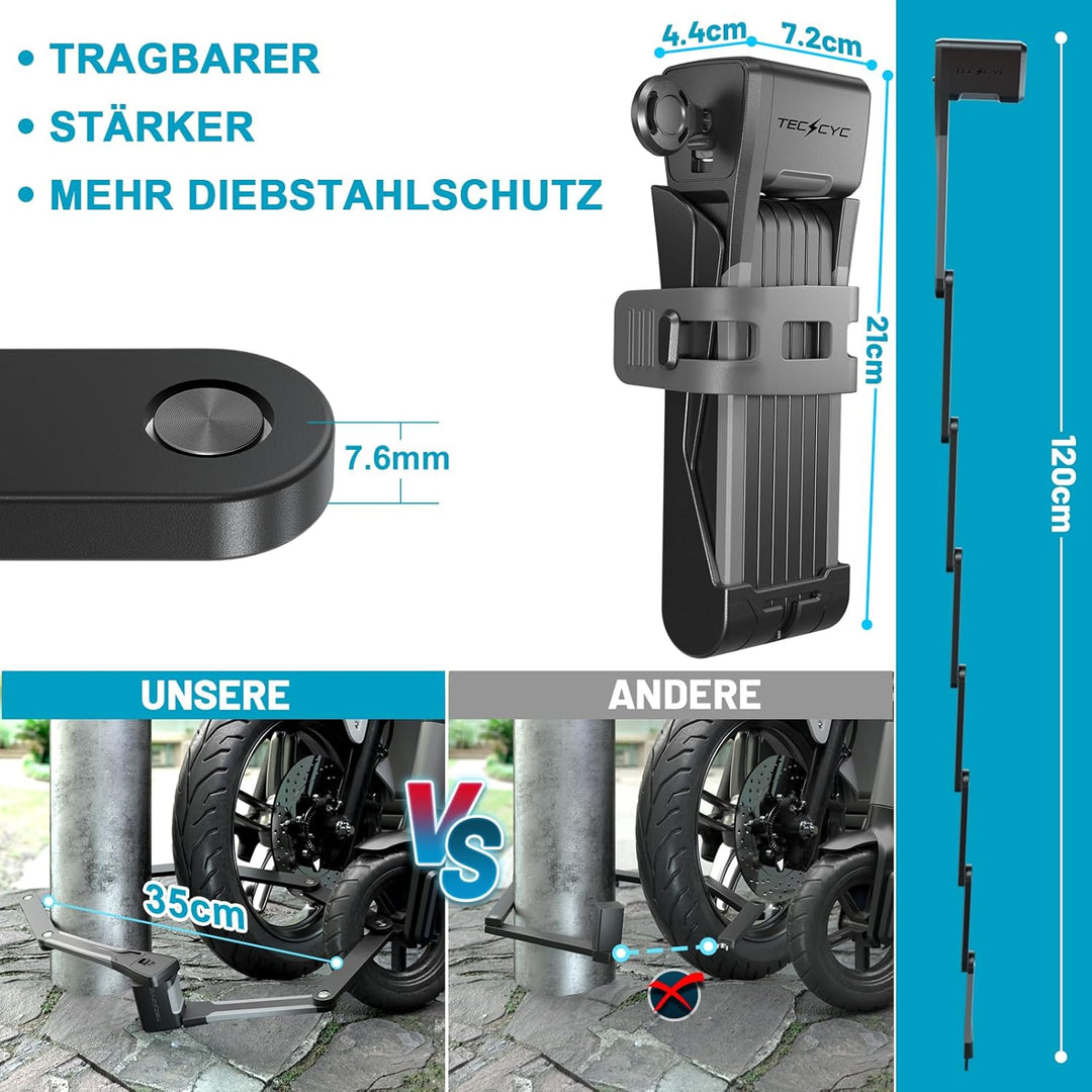 TECHCYC Fahrradschloss 120cm, Faltschloss Fahrrad mit 3 Schlüsseln, Rostfrei und Diebstahlsicher, Fa