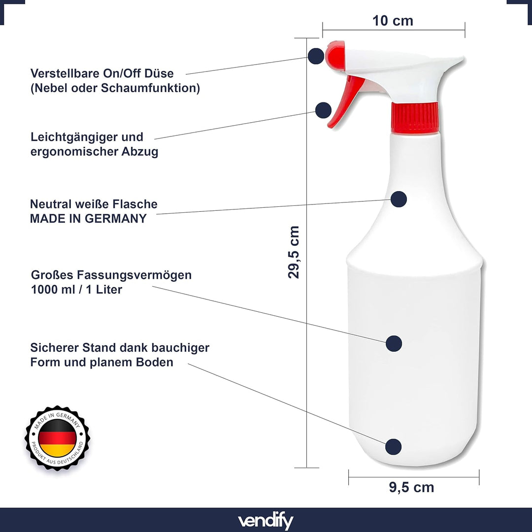 vendify® 20x Sprühflasche 1 Liter / 1000 ml mit Schaum Düse - Leer ohne Label - Premium Qualität - 1