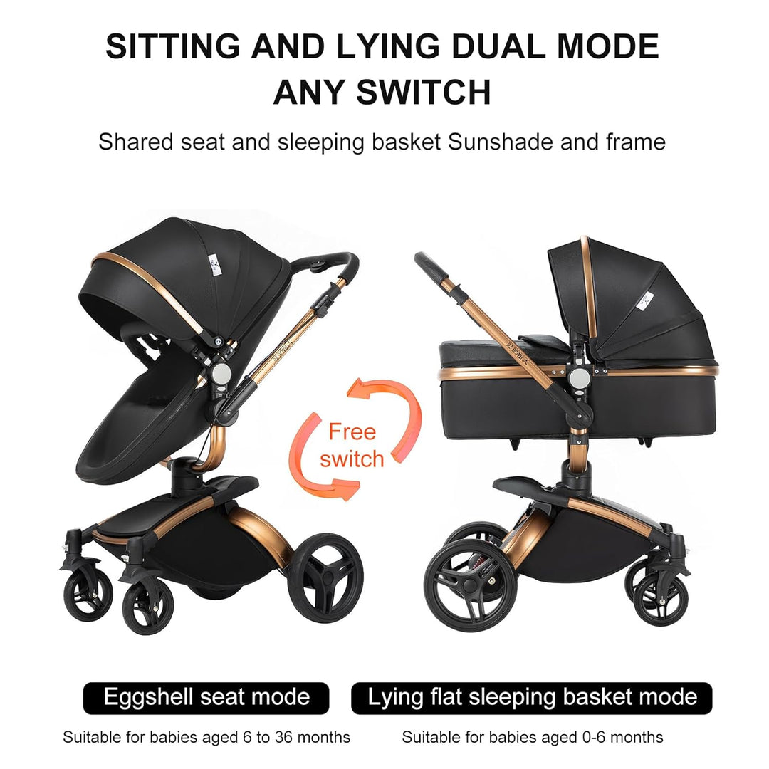 Prokoke PU-Leder Kinderwagen 3 in 1, Buggy mit Verstellbarem Sitz mit 360°-Drehung, Kinderwagen mit