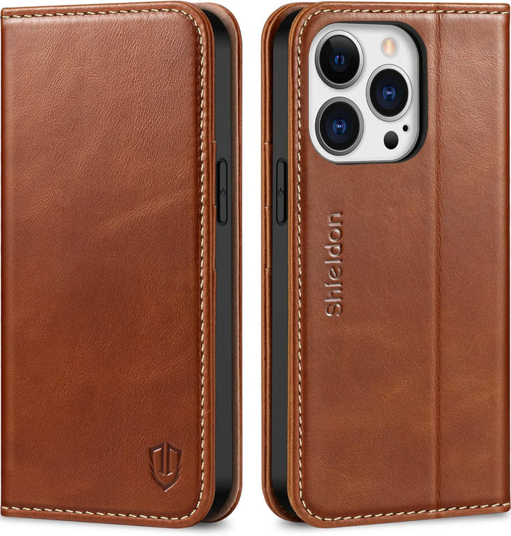 SHIELDON Hülle für iPhone 13 Pro 5G Handyhülle [Echtleder] [Kartenfach] [Magnet] [Standfunktion] [RF