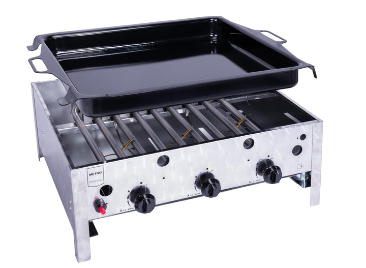 METRO Professional Gasbräter 3-Brenner, Aluminium/Edelstahl, 10.5 kW, Piezozündung, Bedienfeld, silb