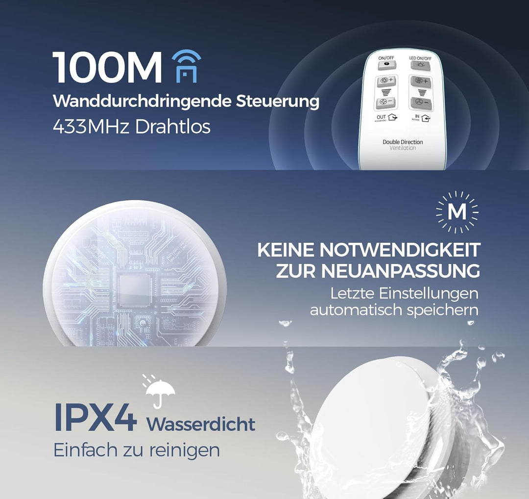 Abluftventilator 100mm - 11 Lichteffekte, 2 Richtungen Ventilaton, 6 Geschwindigkeiten, Leiser Badlü