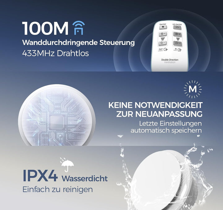 Abluftventilator 100mm - 11 Lichteffekte, 2 Richtungen Ventilaton, 6 Geschwindigkeiten, Leiser Badlü