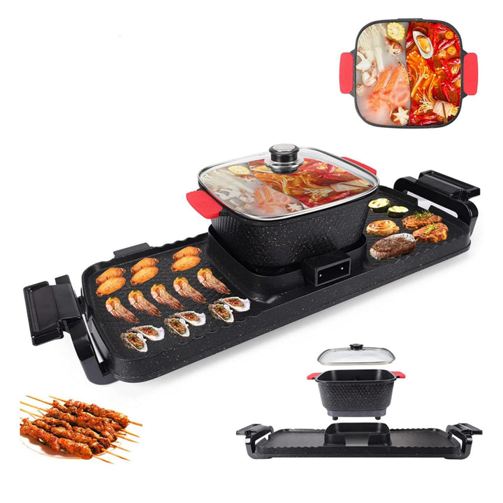 2 in 1 Elektrischer Hot Pot Grill, 1100W+2200W Multifunktionale BBQ Hot Pot, Korean Barbecue Hot Pot