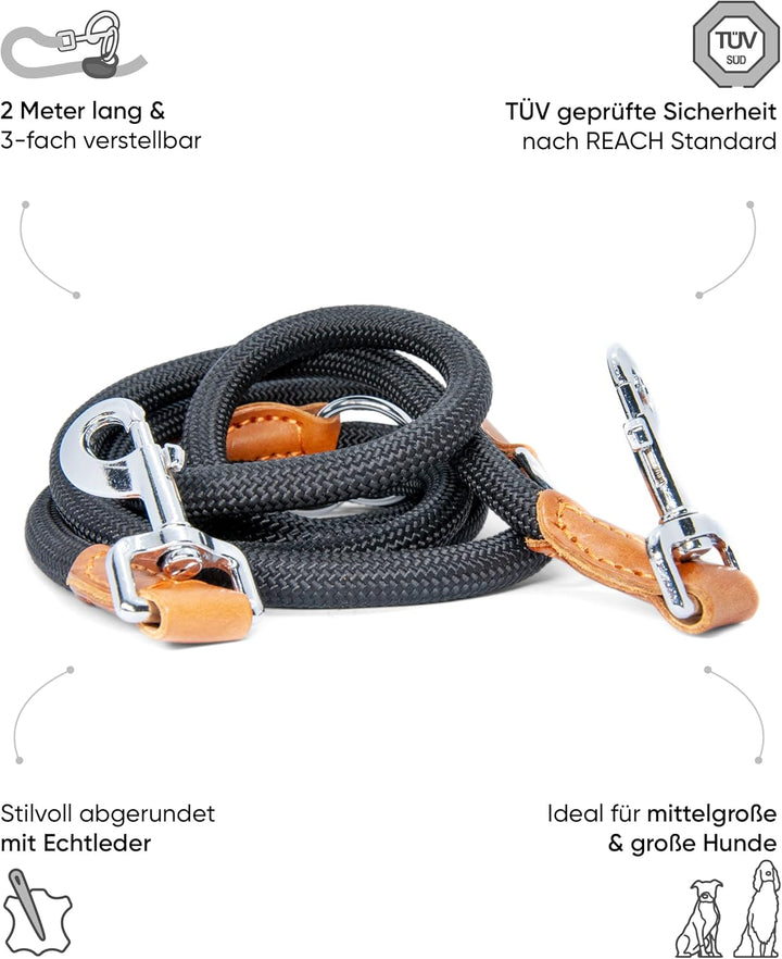 FREUDENTIER® Hundeleine für mittelgrosse &amp; grosse Hunde – 2m Länge &amp; 3-Fach verstellbar - Führleine