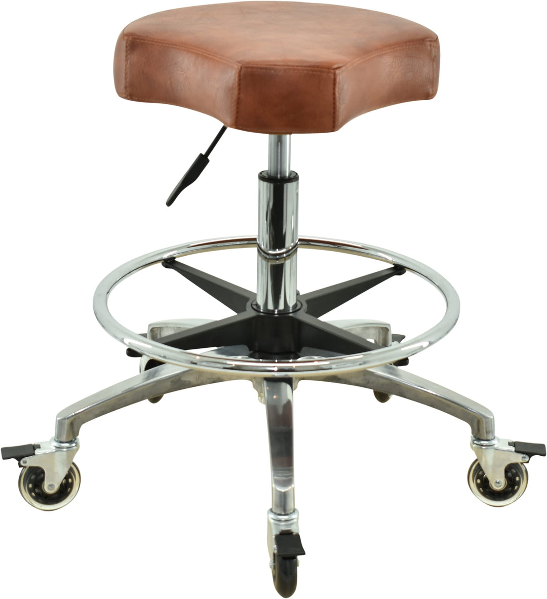 Ergonomischer Rollhocker in Hellbraun mit Fussring - Premium Rollen mit Bremse - Höhenverstellbarer