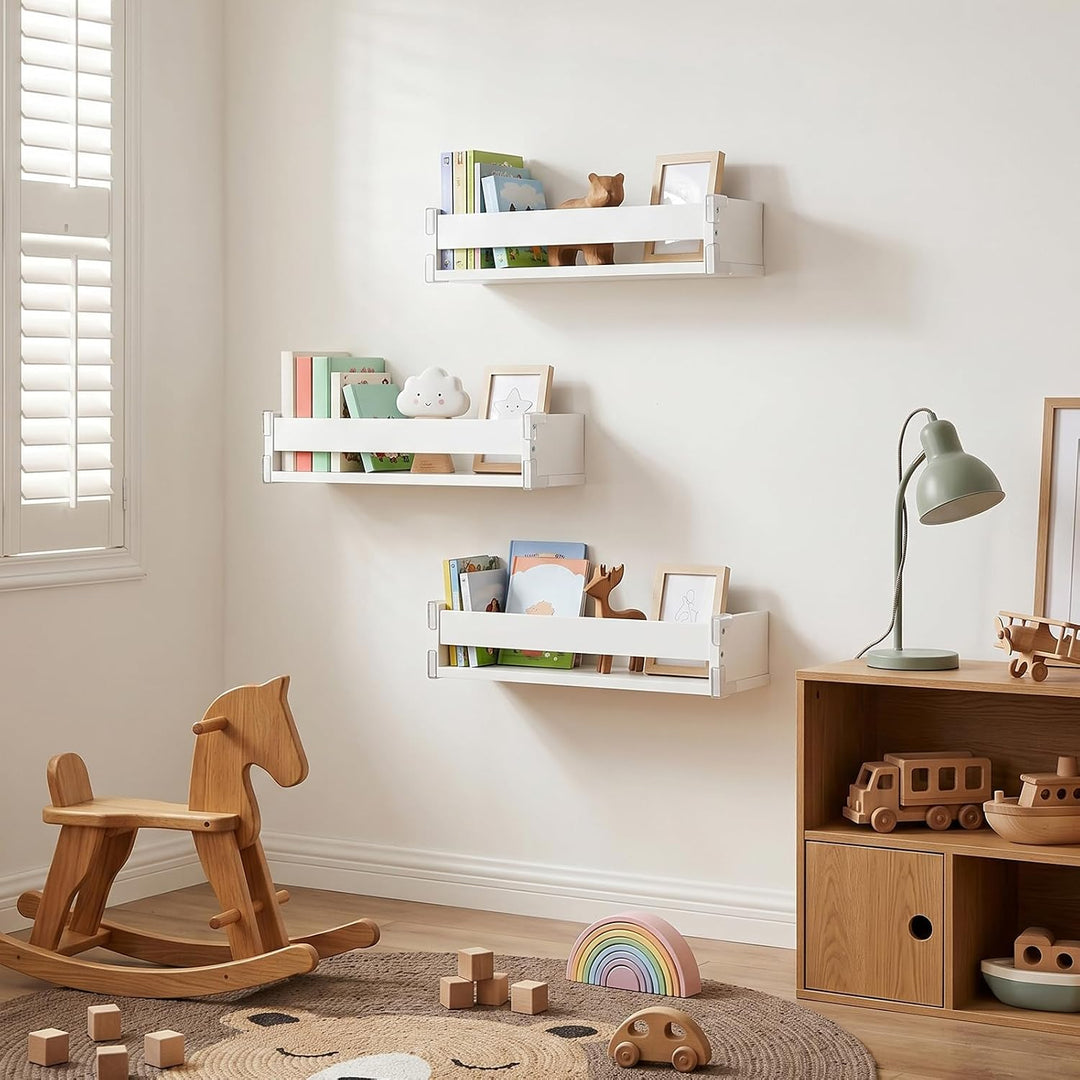 Wandregal für das Kinderzimmer, 44,7 cm, Bücherregal für die Wand, 3er-Set, Wandregal aus Holz, Schw