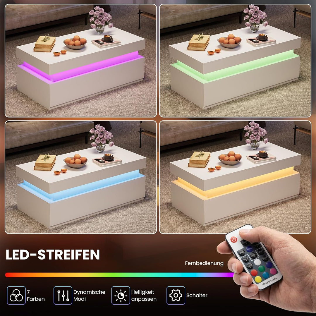 YOUDENOVA Couchtisch Weiss mit Stauraum, Wohnzimmertisch Hochglanz mit 7 Farbiger LED Beleuchtung, A