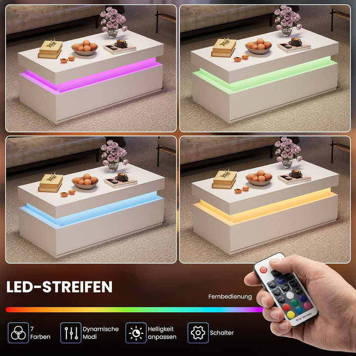 YOUDENOVA Couchtisch Weiss mit Stauraum, Wohnzimmertisch Hochglanz mit 7 Farbiger LED Beleuchtung, A