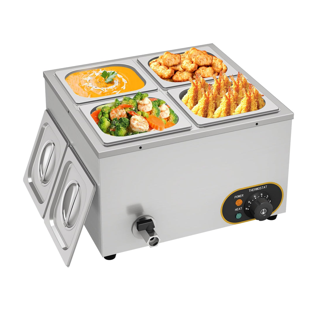 MOOTACO Elektrischer Wasserbad aus Edelstahl, Buffet, 4 x 1/6 mit Deckel, einstellbare Temperatur 30